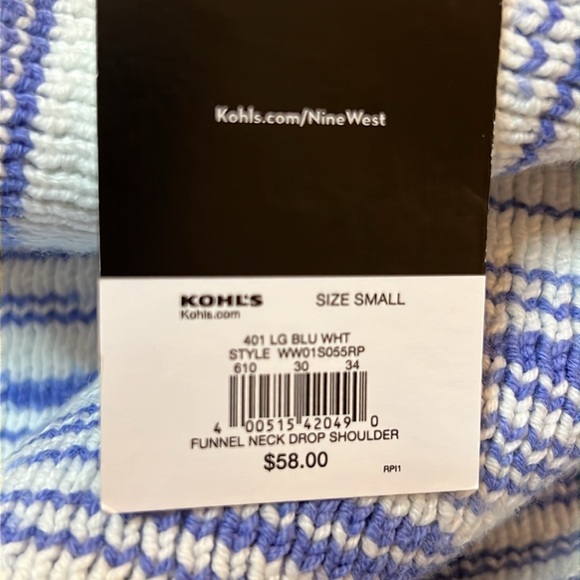Nine West - Heavyweight Knit Blue & White Funnel Neck Sweater | S NWT - Picture 9 of 9
